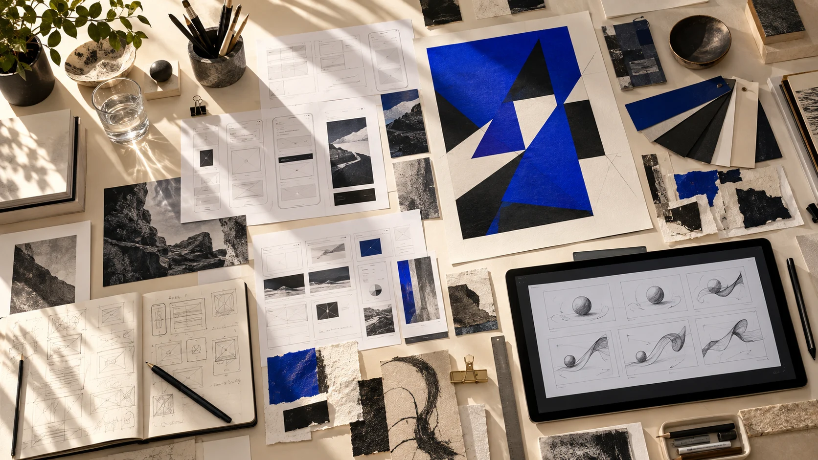 Design atelier with interface wireframes, typography proofs, paper collage and animation storyboards