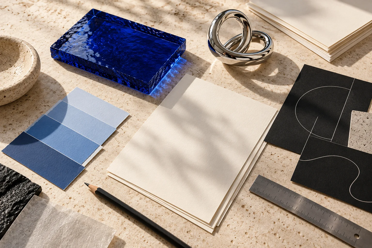 Conceptual creative materials arranged on a worktable